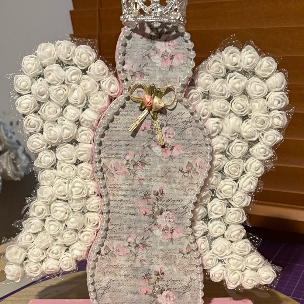 Decorative Pink Floral Angel Figurine with White Rose Wings